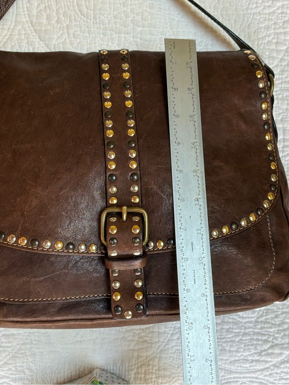 Brown Studded Leather Messenger Bag - Picture 4 of 10